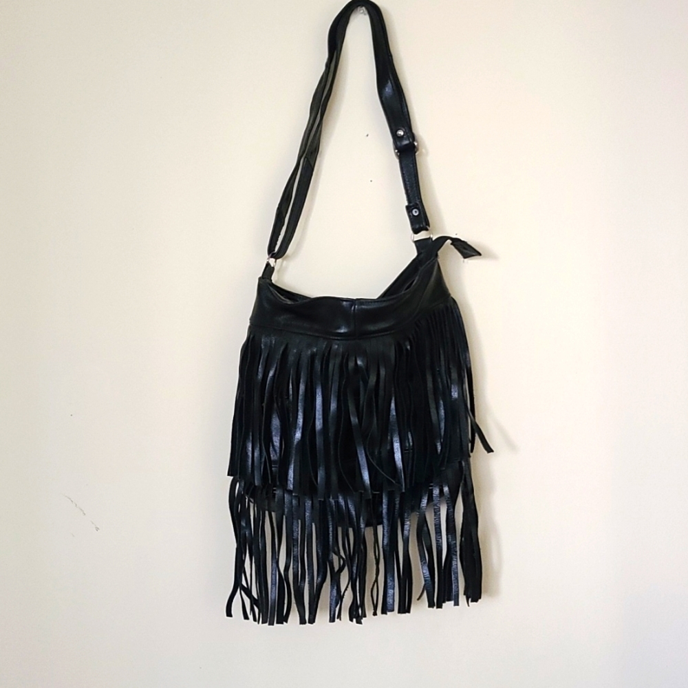 Black Fringe Leather Crossbody Bag with Adjustable Strap 45$